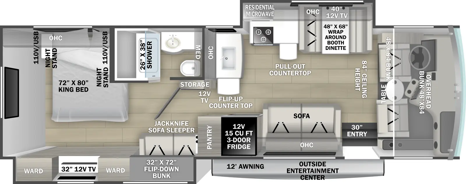 The 32DS has two slideouts and one entry. Exterior features a 12 foot awning, and outside entertainment center. Interior layout front to back: cockpit with secure overhead storage, bunk above, and table between the seats; 84" ceiling height; off-door side slideout with wrap around booth dinette, overhead cabinet with 12V TV, kitchen counter with pull-out countertop, cooktop, and residential microwave; door side entry, sofa with overhead cabinet, 12V 3-door refrigerator, and pantry; kitchen sink with overhead cabinet, flip-up countertop extension, 12V TV, and storage along inner wall; off-door side full bathroom with medicine cabinet; door side slideout with flip-down bunk above a jackknife sleeper sofa, and rear wardrobes with a TV; rear off-door side king bed with overhead cabinet, and nightstands with 110V outlet and USB port on each side.